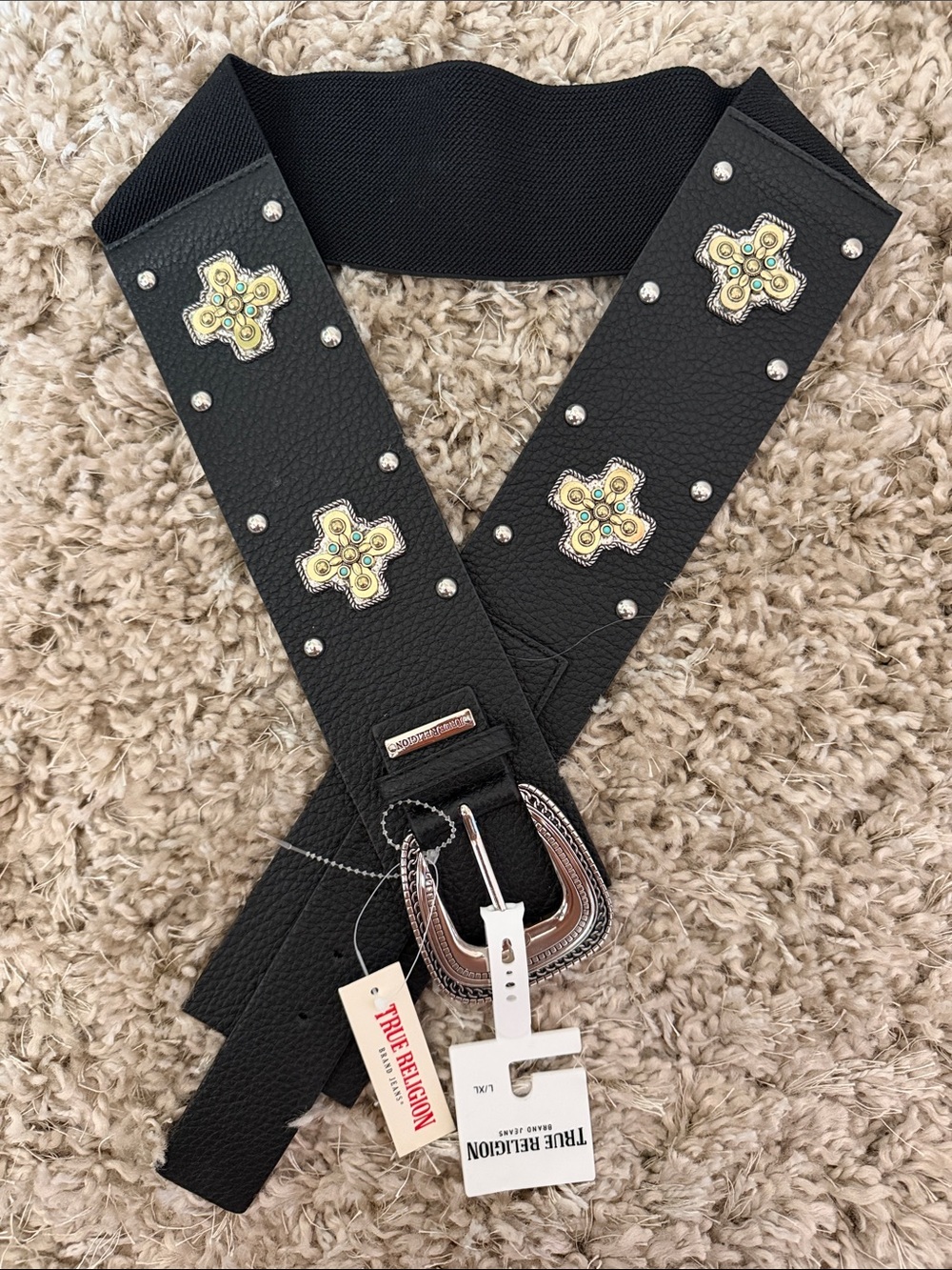 True Religion Black Embellished Wide Faux Leather Belt NEW Sz. L Stretch Crosses